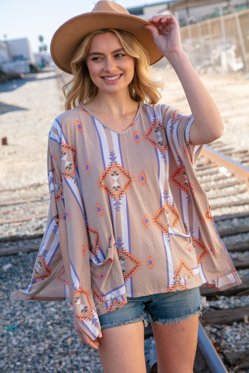 Taupe Mixed Aztec Front Pocket Poncho Top