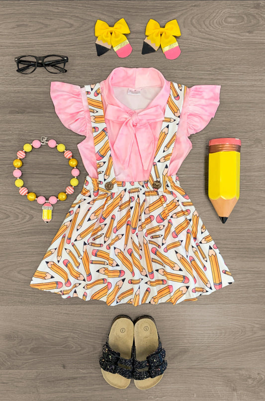 Pink Pencil Suspender Skirt Set
